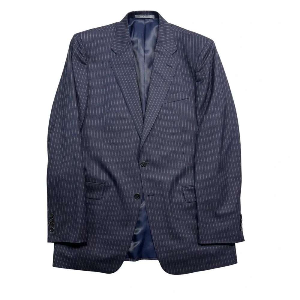 Hickey Freeman Limited 42L 35x36 Navy Blue Chalk Stripe 2pc Pant Suit Wool USA